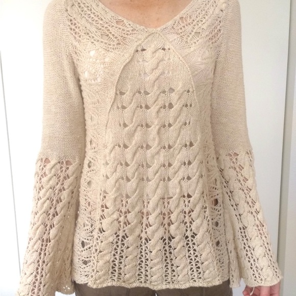 Free People Crochet Cable Wide Knit Bell Sleeve Sweater - Picture 4 of 11